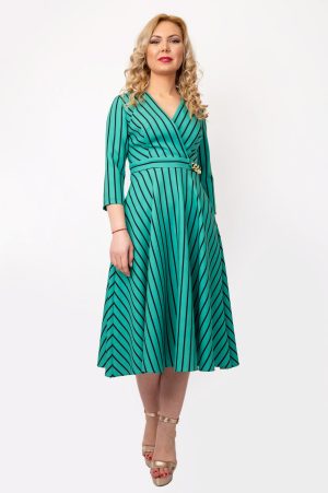 Rochie Dama Ilinca - Verde, Cu Buzunare si Dungi Negre