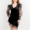 Rochie eleganta de ocazie neagra cu pene si maneci Ruby by Malika Fashion