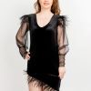 Rochie eleganta de ocazie neagra cu pene si maneci Ruby by Malika Fashion