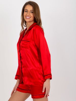 Pijamale rosii de dama din satin cu pantaloni scurti si camasa