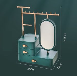Organizator de bijuterii verde inchis cu trei sertare si oglinda
