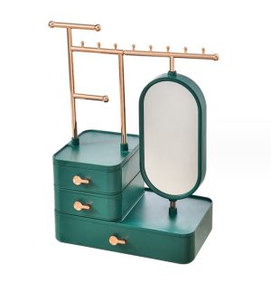 Organizator de bijuterii verde inchis cu trei sertare si oglinda