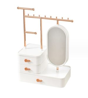 Organizator de bijuterii alb cu trei sertare si oglinda