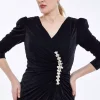 Rochie plisata eleganta de dama midi cu maneca lunga neagra