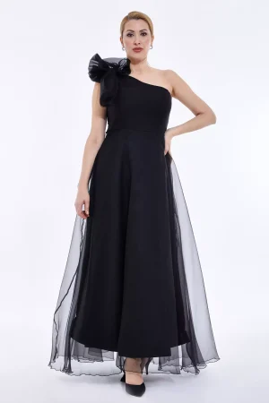 Rochie eleganta neagra, fara maneci, din tulle Evelyn