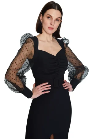 Rochie midi neagra de dama cu maneca lunga din tulle Carla