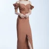 Rochie de dama eleganta lunga, maro, cu umerii goi, Sophie