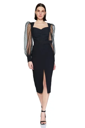 Rochie midi neagra de dama cu maneca lunga din tulle Carla