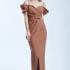 Rochie de dama eleganta lunga, maro, cu umerii goi, Sophie