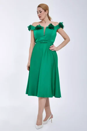 Rochie midi Clara fara maneci din satin, culoarea verde