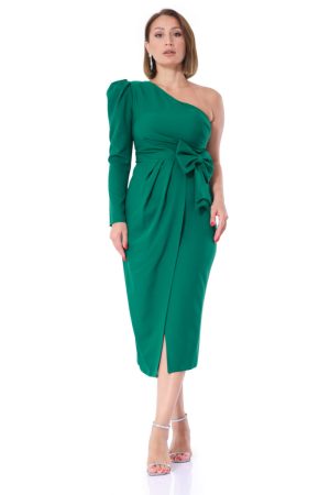 Rochie eleganta midi verde cu o singura maneca Mimi