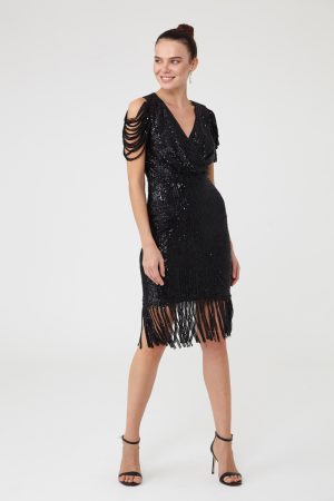 Rochie eleganta mini rochie fara maneci cu paiete, negra, Ella