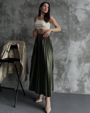 Fusta plisata lunga reflexe verde inchis marime unica