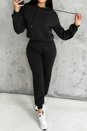 Trening Dama Negru cu Buzunar Frontal si Gluga