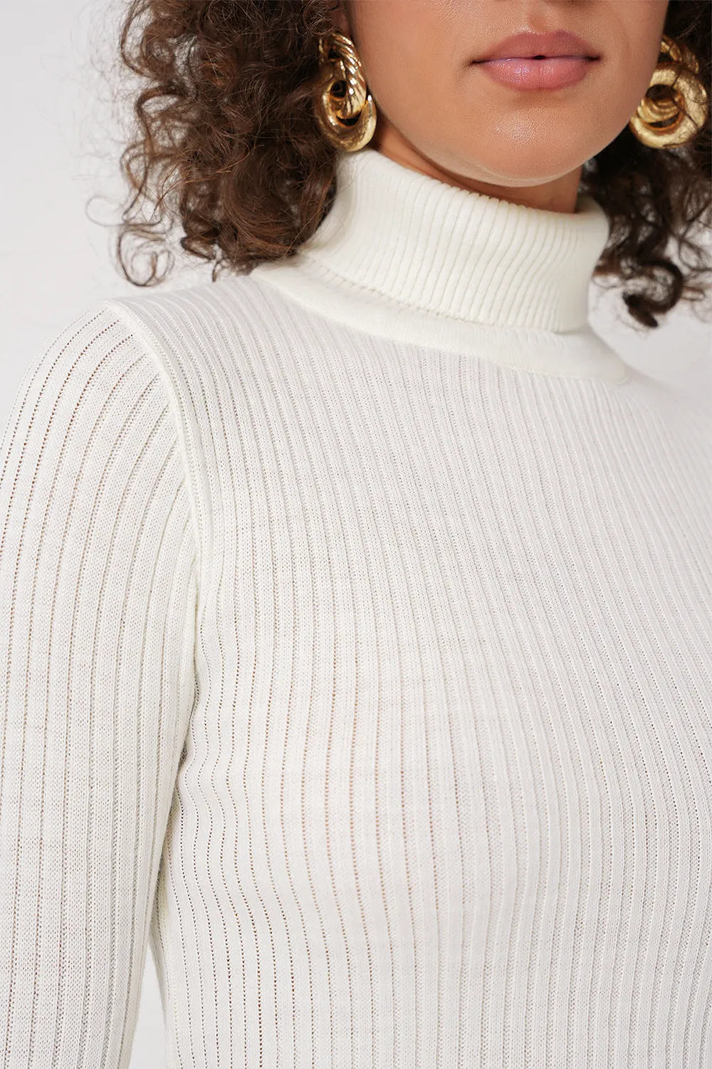Pulover Dama cu Guler Inalt, Alb, Marime Unica
