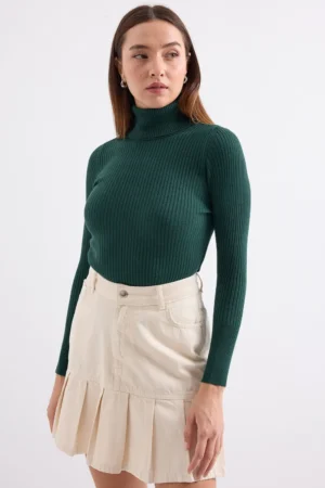 Pulover tricotat cu guler Inalt - Verde smarald