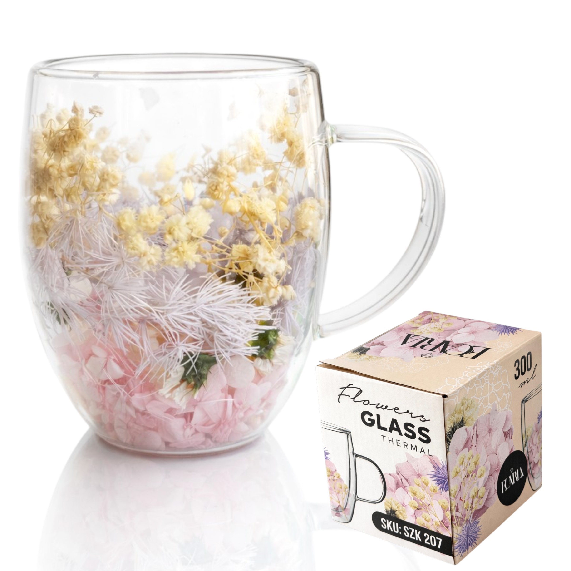 Ceasca din sticla termica cu flori in interior - Cana transparenta