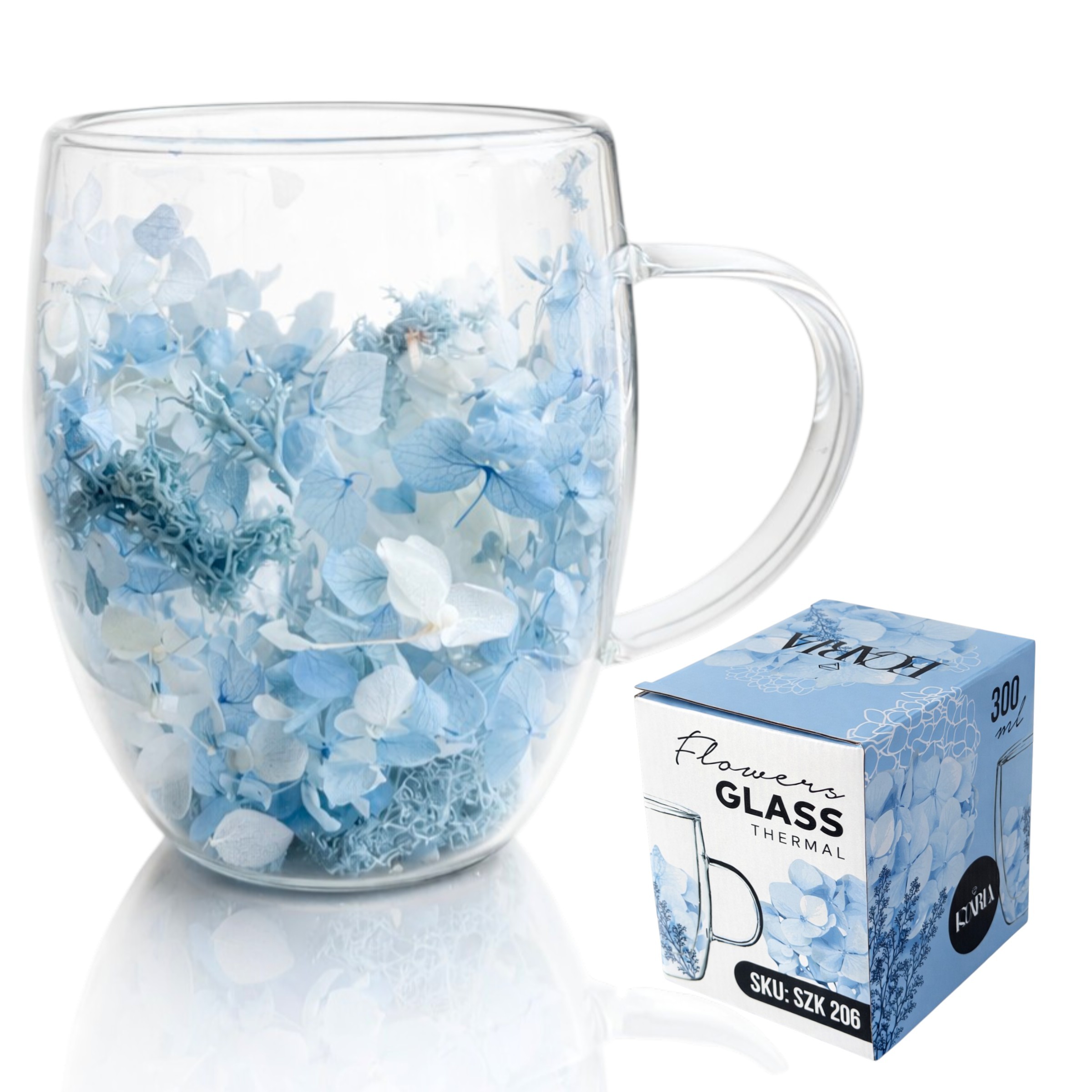 Ceasca din sticla termica cu flori in interior transparenta - Hortensii